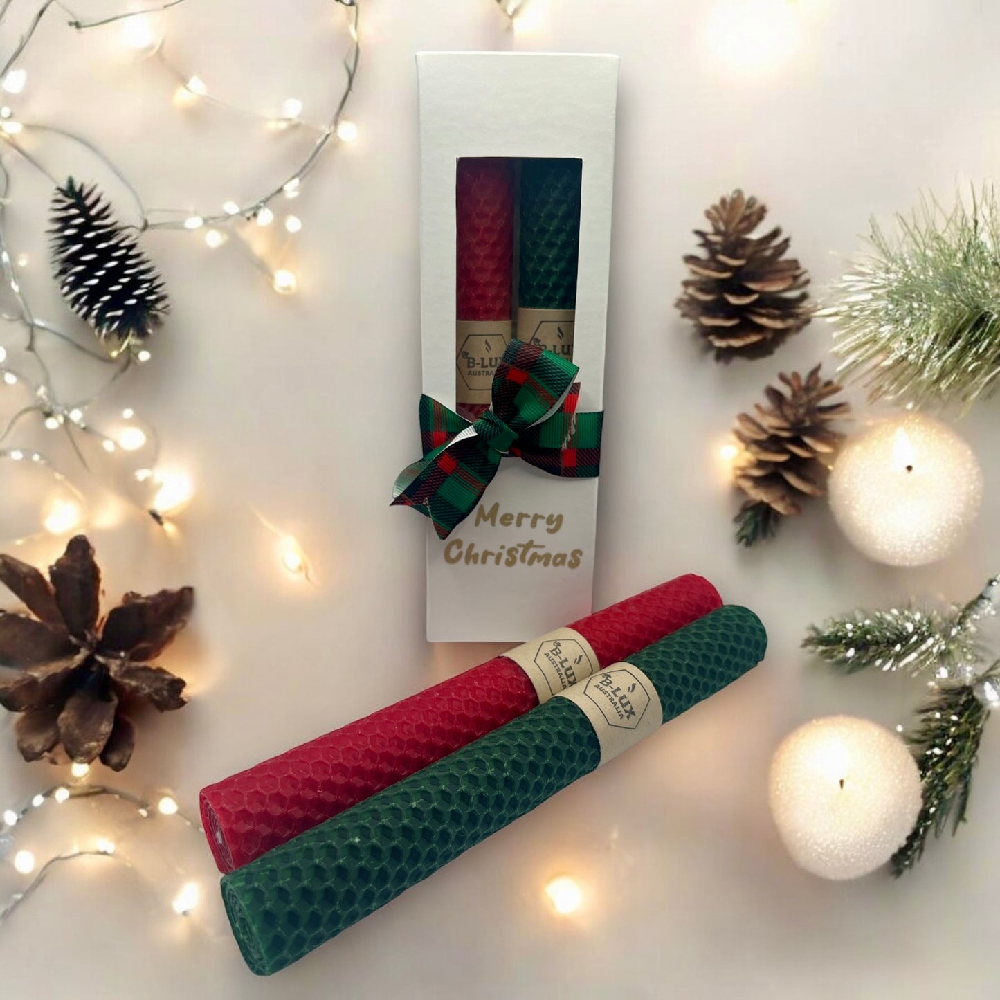 Christmas Hand-rolled Beeswax Candles - 20cm Tall (Set of 2)